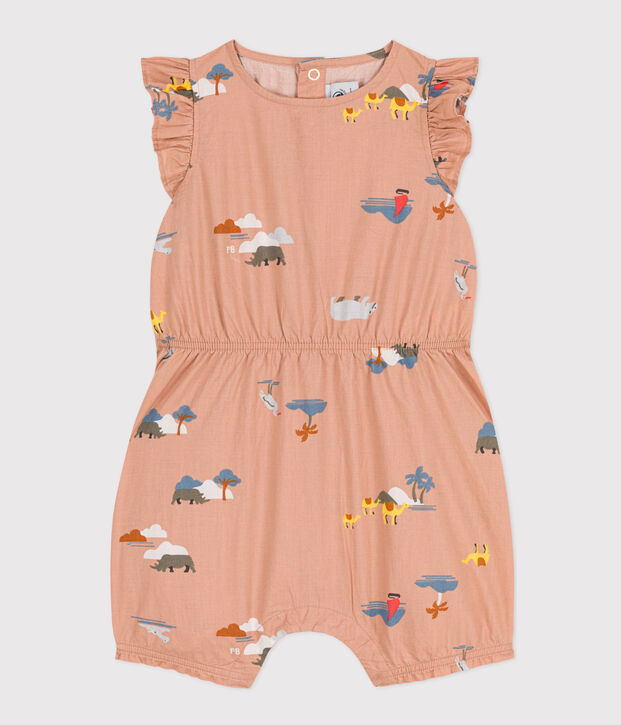 Tutina corta beb&egrave; in popeline stampato beige/multicolore
