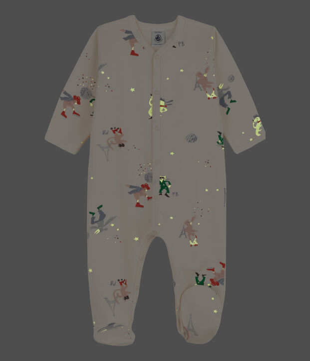 Tutina pigiama Paris beb&egrave; in tessuto felpato ecru/multicolore