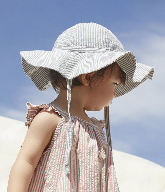 Cappellino in seersucker a righe bebè. rosa PAPAYE/ MARSHMALLOW