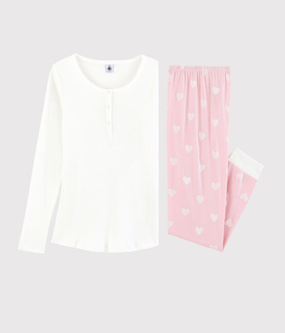 Pigiama ragazza-donna in cotone bianco MARSHMALLOW/rosa MINOIS