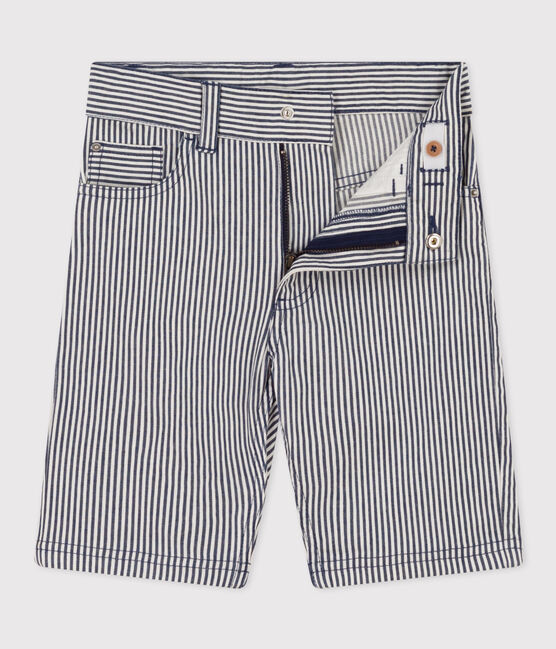 Bermuda bambino in tela di cotone a righe blu MEDIEVAL/bianco MARSHMALLOW
