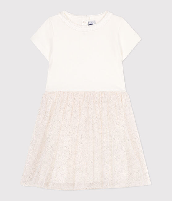 Abito a maniche corte in cotone e tulle bambina bianco MARSHMALLOW/rosa COPPER