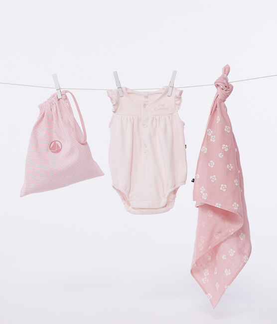 Completo nascita set due pezzi con pagliaccetto e coprifasce rosa FLEUR
