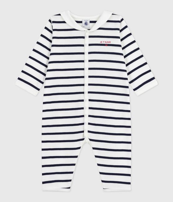 Pigiama senza piedini con scollo a barca in cotone con stampa a righe neonato bianco MARSHMALLOW/blu SMOKING