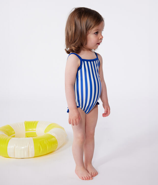Costume da bagno intero a volant con stampa a righe neonato blu/bianco
