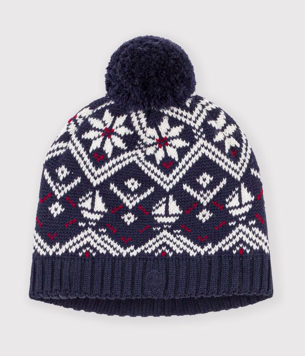 Cuffietta in misto lana e cotone jacquard con fodera in pile bambino blu/ecru/rosso
