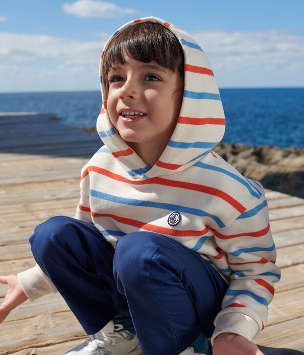 Felpa con cappuccio bambino unisex in cotone a righe ecru/multicolore