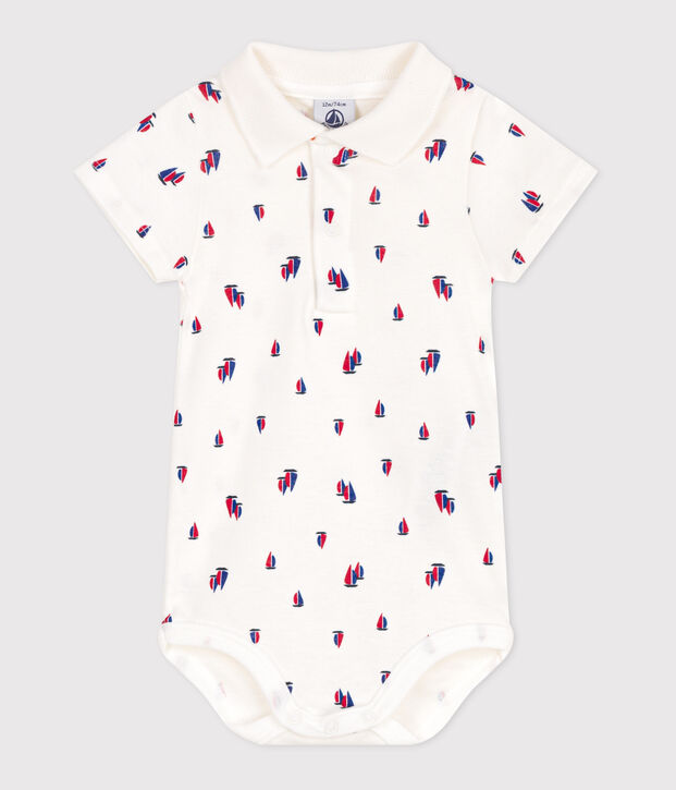 Body a maniche corte in cotone con barche stampate neonato bianco/multicolore