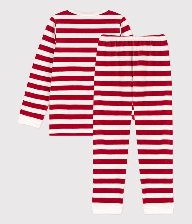 Pigiama bambino unisex in ciniglia a righe rosso/bianco
