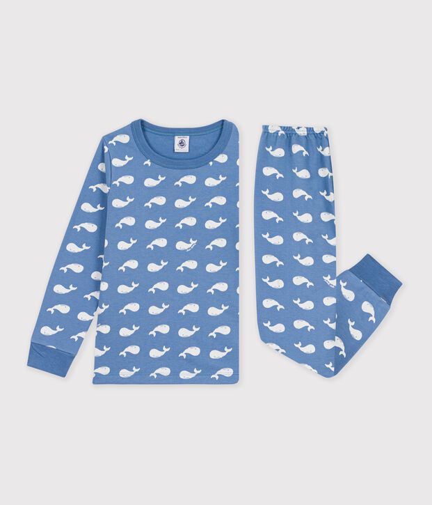 Pigiama in tessuto felpato con balene stampate bambino blu/bianco