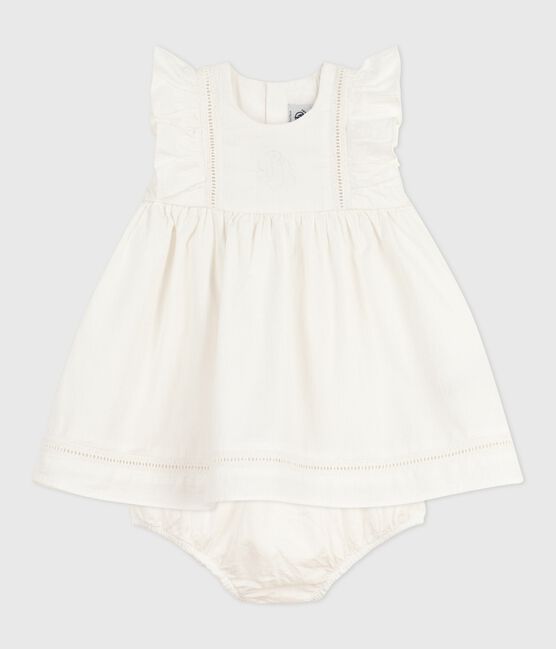 Abito senza maniche in cotone tinta unita ricamato, con bloomer abbinato neonata bianco ECUME