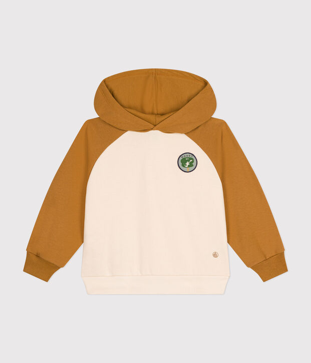 Maglia con cappuccio in tessuto felpato bambino ecru/marrone