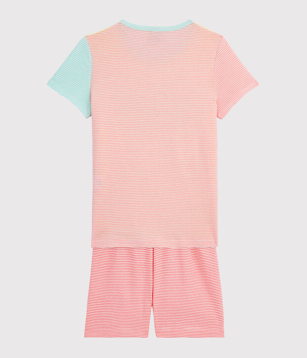 Pigiama a righe multicolori corto bambina a costine giallo/multicolore