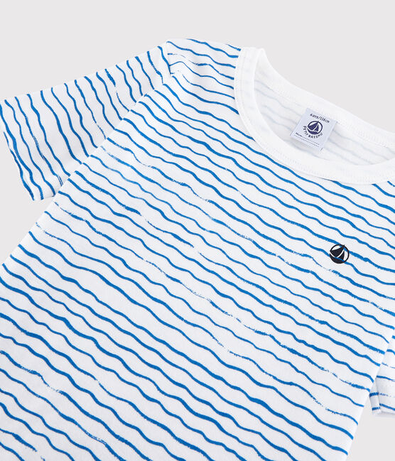 Pigiama corto snugfit fantasia onde bambino in cotone bianco MARSHMALLOW/blu COOL