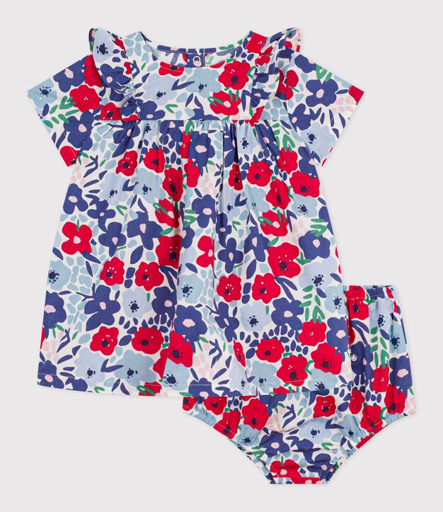 Abito neonata a maniche corte in cotone e bloomer abbinato con stampa a fiori bianco/multicolore