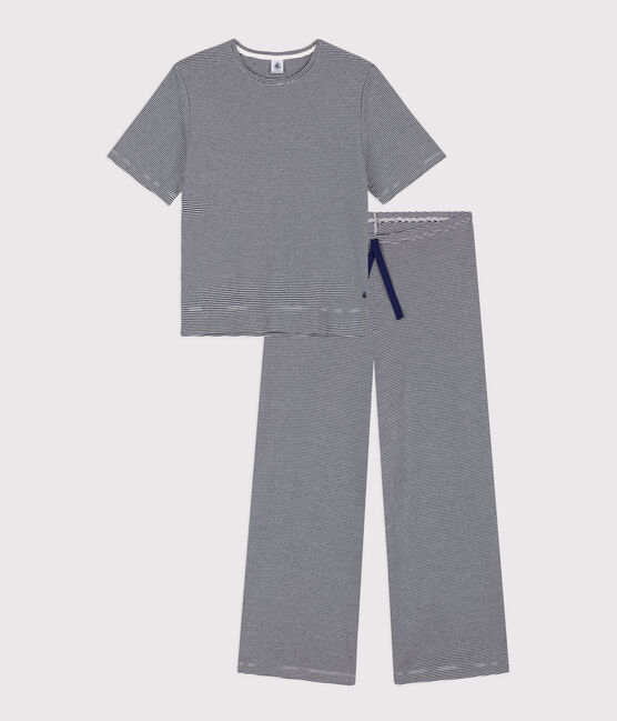 Pigiama donna in cotone millerighe blu SMOKING/bianco MARSHMALLOW