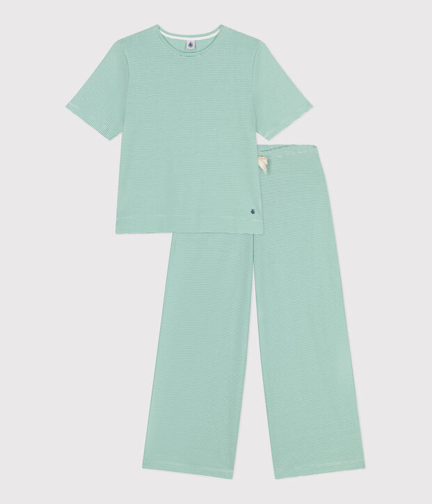 Pigiama in cotone a righe con gamba ampia donna verde/bianco