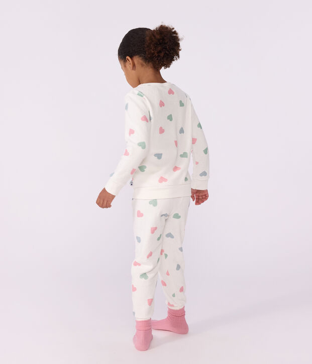 Pigiama in spugna di cotone a cuori bambina ecru/multicolore