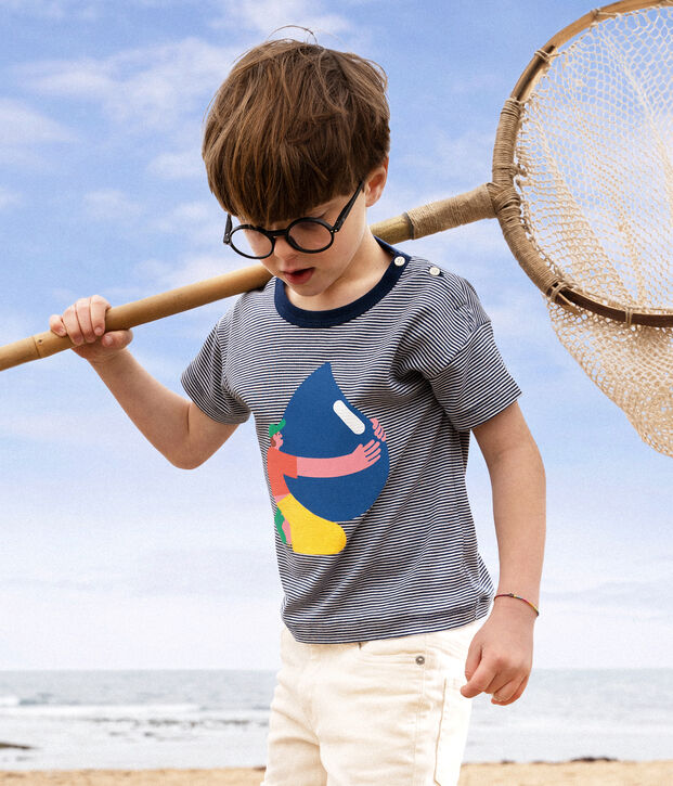 T-shirt bambino Petit Bateau x Water Family blu/bianco