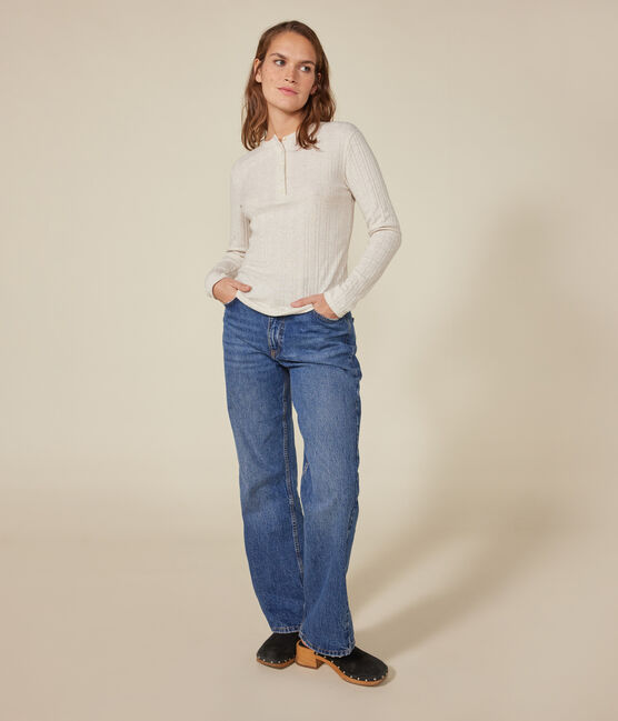 T-shirt a maniche lunghe con collo alla tunisina a effetto coste in tinta unita donna beige MONTELIMAR CHINE