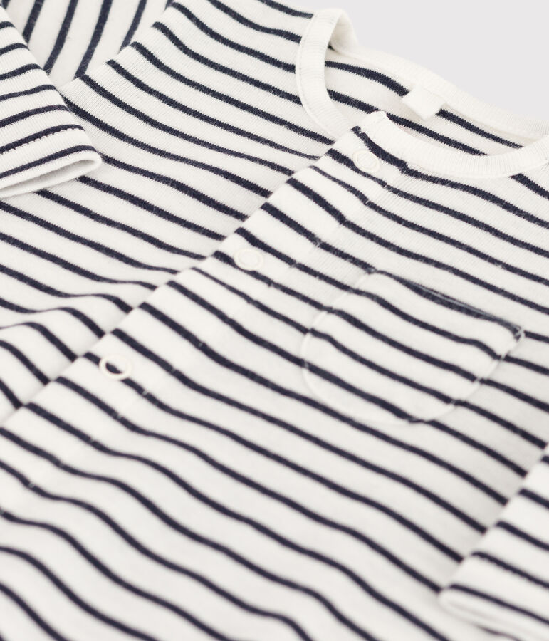 Tutina lunga beb&egrave; in cotone biologico a righe marini&egrave;re bianco/blu