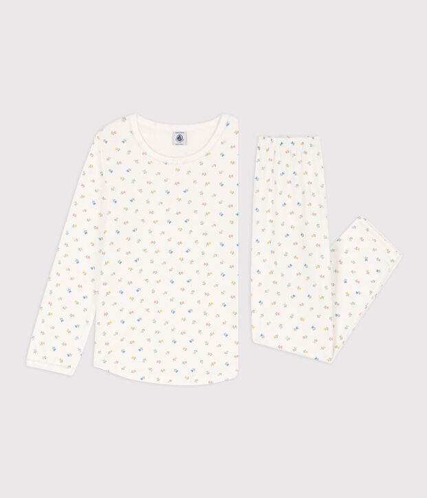 Pigiama bambina in cotone a fiori bianco/multicolore