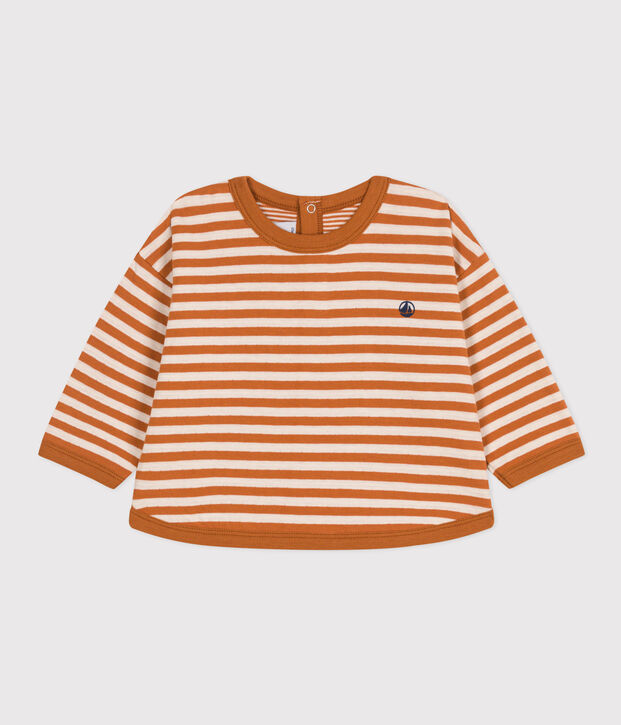 T-shirt a maniche lunghe in tubique per beb&egrave; marrone/ecru