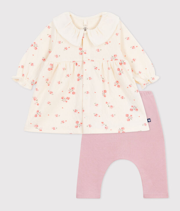 Abito con colletto e stampa a fiori, leggings in cotone neonato ecru/multicolore