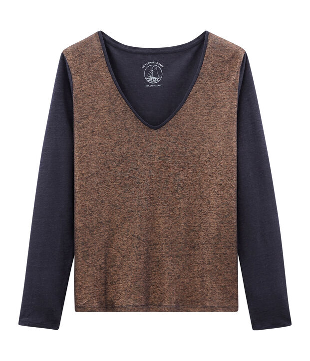 T-shirt maniche lunghe donna in lino cangiante blu/rosa