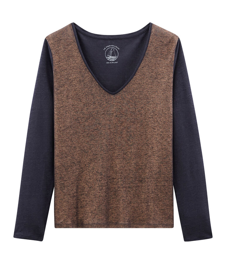 T-shirt maniche lunghe donna in lino cangiante blu SMOKING/rosa COPPER