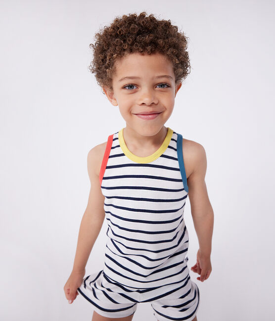 Pigiama corto con canotta in cotone a righe bambino bianco MARSHMALLOW/blu SMOKING