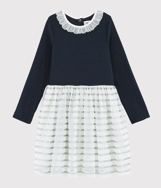 Abito maniche lunghe bambina blu SMOKING/bianco MULTICO