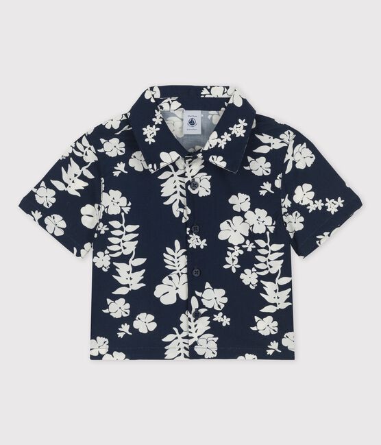 Camicia manica corta bebè in popeline con fantasia hawaiana blu MEDIEVAL/bianco MARSHMALLOW
