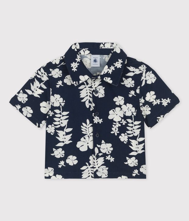 Camicia manica corta beb&egrave; in popeline con fantasia hawaiana blu/bianco
