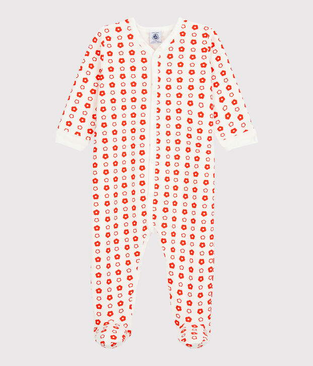 Tutina pigiama beb&egrave; a fiori in molleton di cotone biologico bianco/rosso