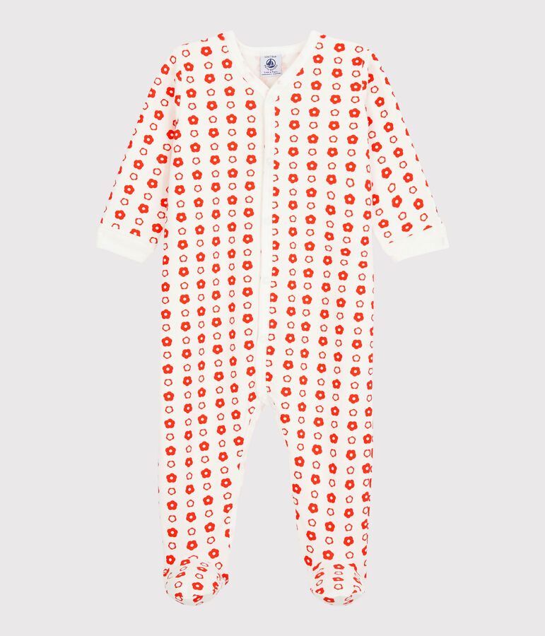 Tutina pigiama beb&egrave; a fiori in molleton di cotone biologico bianco MARSHMALLOW/ SPICY