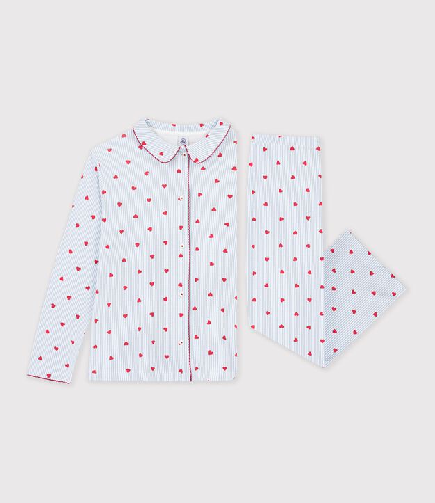 Pigiama in cotone con stampa a righe e cuori e bottoni donna bianco/multicolore