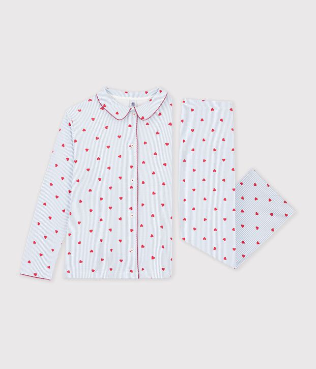 Pigiama in cotone con stampa a righe e cuori e bottoni donna bianco/multicolore