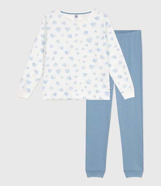 Pigiama in cotone bimateriale con stampa a cuori donna blu/multicolore