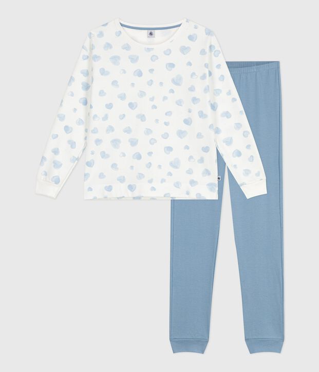 Pigiama in cotone bimateriale con stampa a cuori donna blu/multicolore