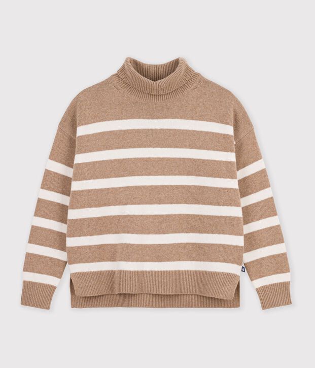 Pullover dolcevita in misto lana e cotone a righe donna beige/ecru