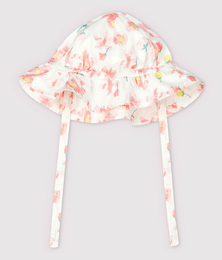 Cappellino in popeline fantasia a fiori beb&eacute; bambina bianco/multicolore