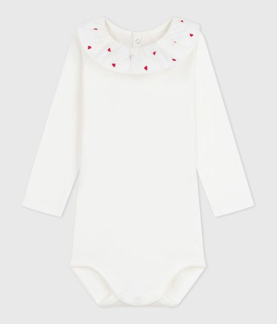 Body con colletto ricamato in cotone tinta unita neonato bianco MARSHMALLOW