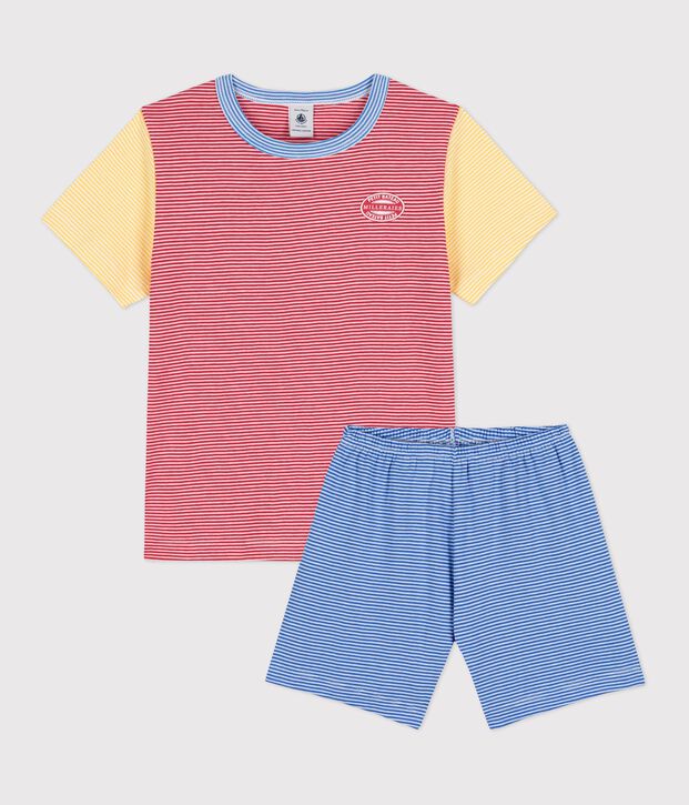 Pigiama corto millerighe rosso, blu e giallo bambino in cotone rosso/multicolore