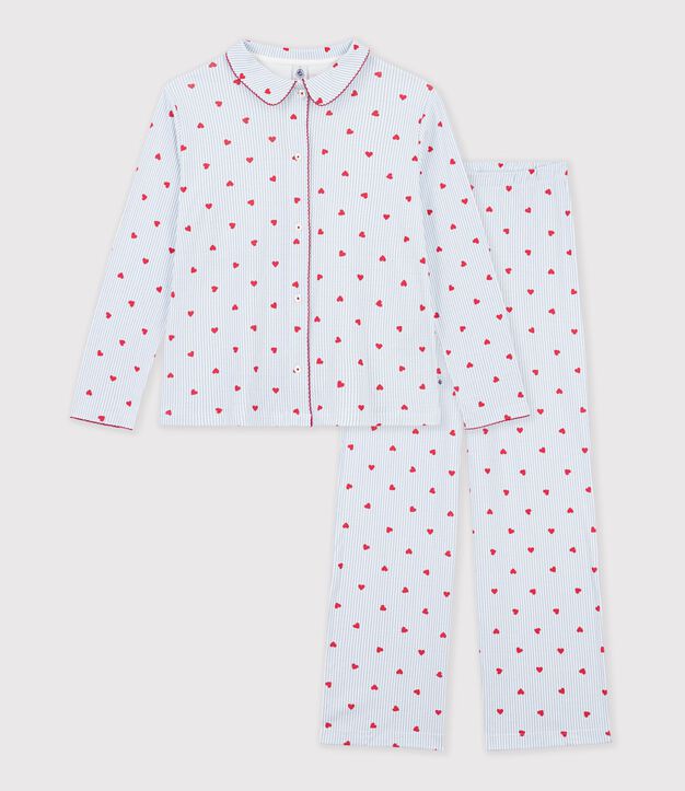 Pigiama in cotone con stampa a righe e cuori e bottoni donna bianco/multicolore