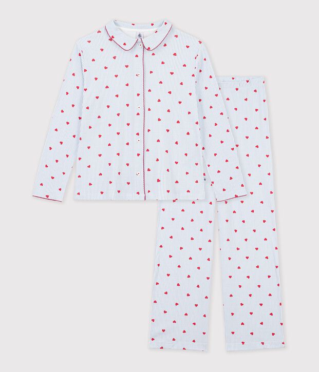 Pigiama in cotone con stampa a righe e cuori e bottoni donna bianco/multicolore