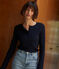 T-shirt a maniche lunghe con collo alla tunisina a effetto coste in tinta unita donna blu SMOKING