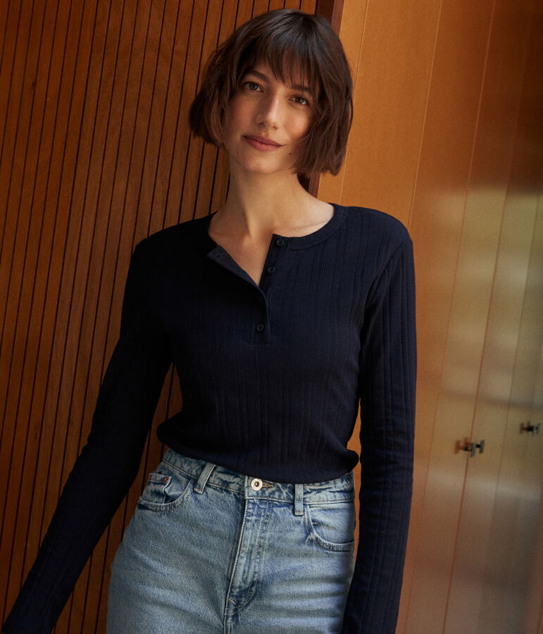 T-shirt a maniche lunghe con collo alla tunisina a effetto coste in tinta unita donna blu SMOKING