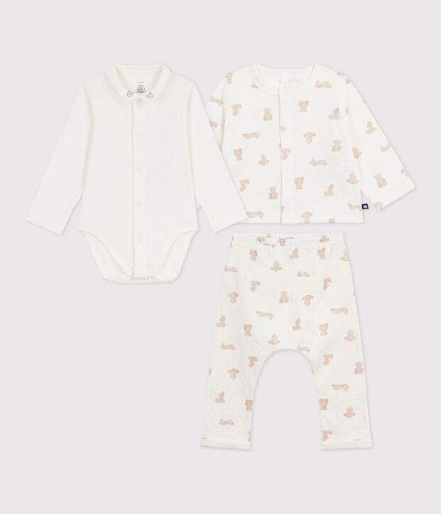 Set lungo 3 pezzi in cotone con orsetti stampati neonato bianco/BRUN