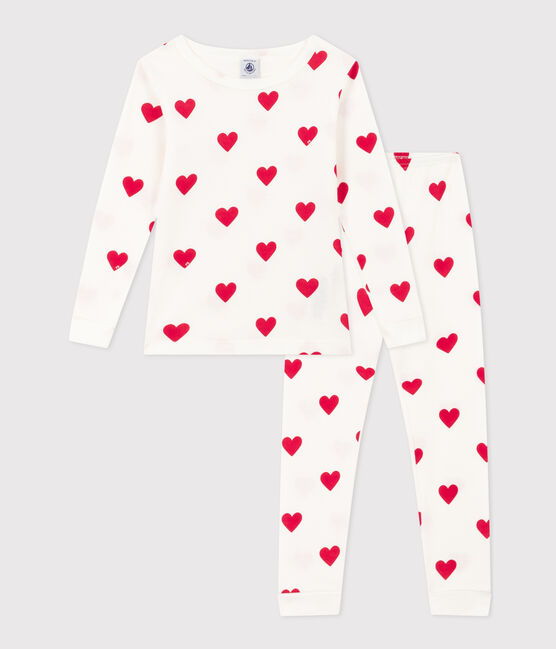 Pigiama bambina in cotone aderente a cuori bianco MARSHMALLOW/rosso TERKUIT
